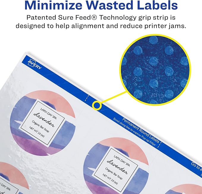 Avery Durable Waterproof Round Labels with Sure Feed Technology, 2.5" Diameter, White, Laser & Pigment-Inkjet Compatible, 72 Blank Labels Total, Great for Branding, Packaging, and More (22856)