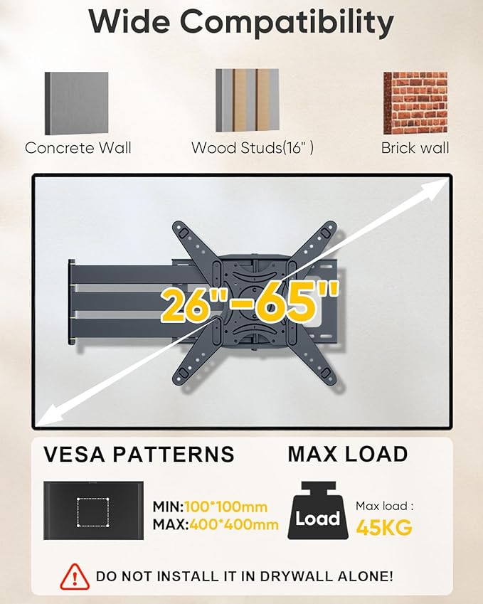 Extra Long Arm TV Wall Mount 48'' Extension, Rotating TV Wall Mount 180° Heavy Duty Full Motion for 26''-65'' Screens, VESA 400x400mm, Load 110 lbs, 16''Wood Stud/Concrete/Brick Wall, WHYFONE