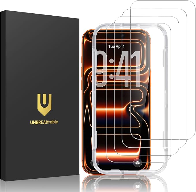 UNBREAKcable 4-Pack iPhone 15 Screen Protector 9H Hardness | 9H tempered glass | 99.99% HD clarity | Double Shatterproof|alignment frame easy install | case-friendly
