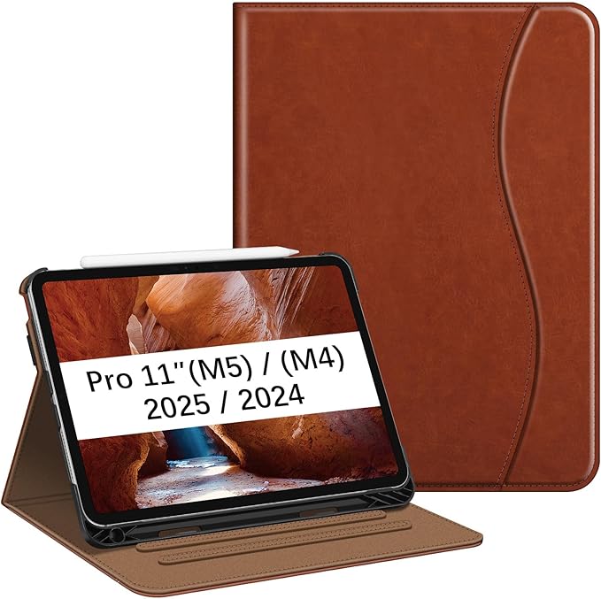 Fintie Folio Case for iPad Pro 11-inch (M5) 2025 / (M4) 2024 - Multiple Angles Viewing Stand Protective Cover with Pencil Holder & Pocket, Auto Wake/Sleep, Brown