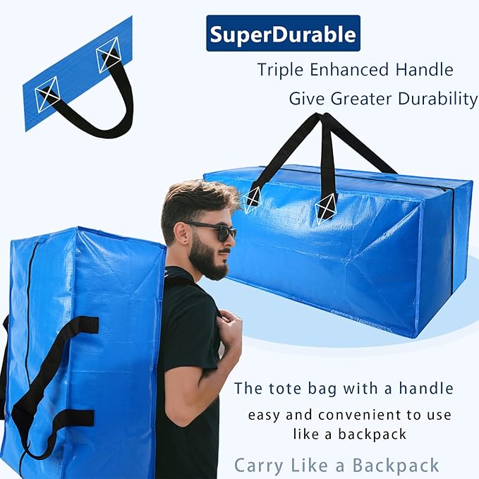 6 Pack Heavy Duty Extra Large Moving Bags Storage Tote - Strong Handles& Backpack Straps - Space Saving Storage Bags Alternative to Moving Boxes and Bins,Compatible with Ikea Frakta Cart, Blue