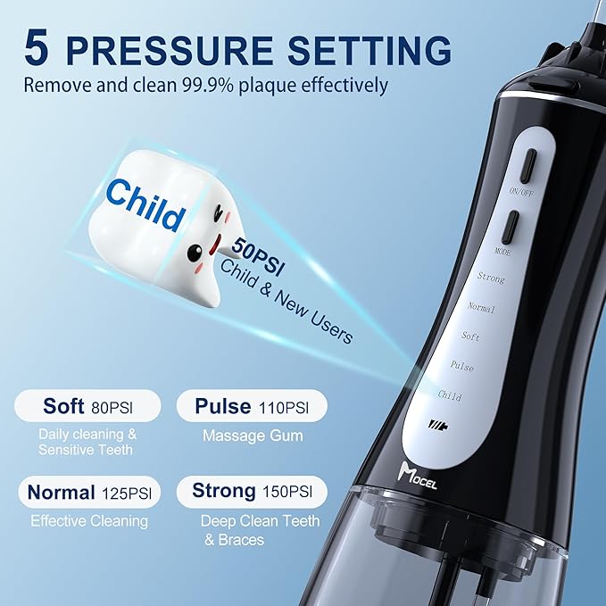 MOCEL Water Dental Flosser Oral Irrigator with 5 Modes, 350ml Cordless Water Teeth Cleaner Pick 6 Tips, IPX7 Waterproof Rechargeable Portable Powerful Battery for Travel & Home Braces & Bridges Care