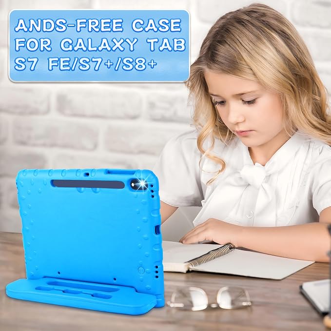 Heavy Duty Kids Case for Samsung Galaxy Tab S7 FE/S7 Plus/S8 Plus 12.4 inch | Rugged Protection Cover for Galaxy Tab S8+/Tab S7 FE/S7+ 2022/2021/2020 with S-Pen Holder Handle StandEVA Foam Rose Red