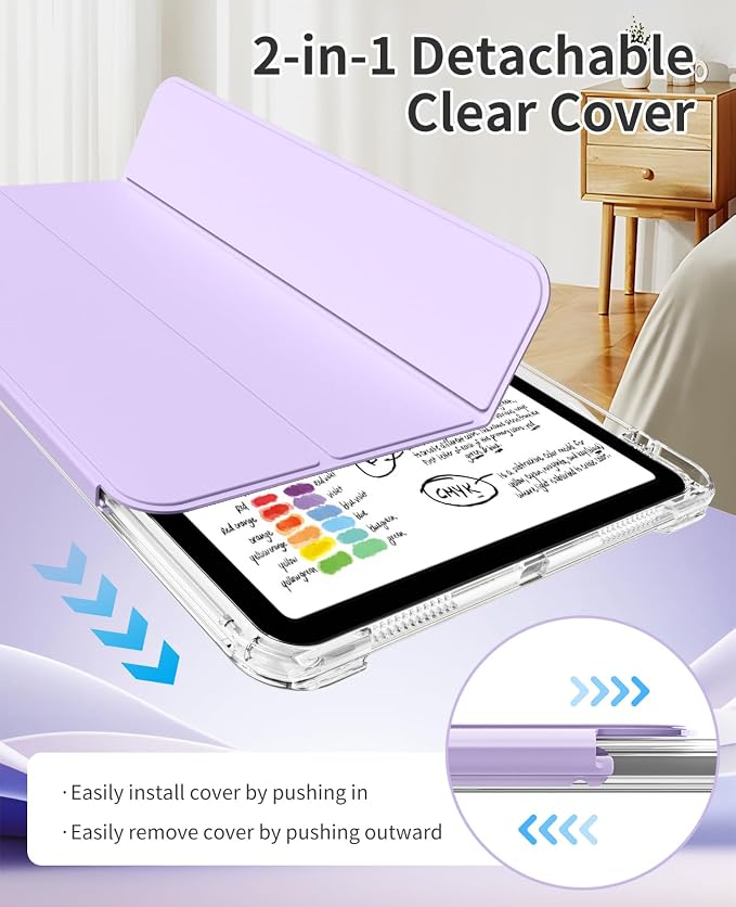 Case for iPad Air 11 M4/M3/M2 &amp iPad Air 5th/4th Gen 10.9-Black | For iPad Air 11 2026/2025/2024 &amp Air 10.9 2022/2020 2-in-1 Removable Transparent Back with Pencil Holder Auto Sleep/Wake