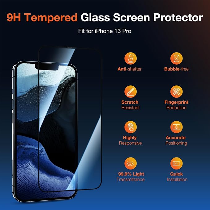 KUZOOM 2Pack Privacy 9H+ Tempered Glass Screen Protector for iPhone 13 | 9H+ Tempered Glass 100% Fingerprint Unlock Automatic Dust Removal Anti-Scratch Protection