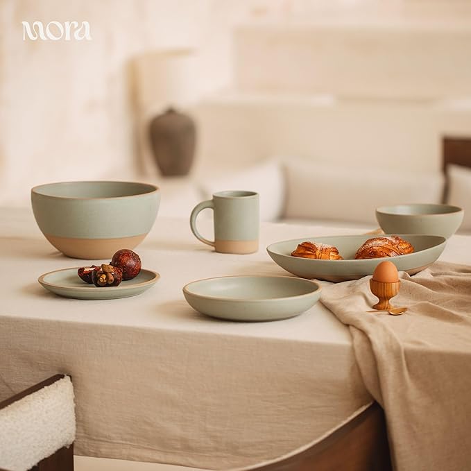 MORA Medium Dishes Set of 4, 30oz Ceramic Pottery Pasta Plate/Wide Bowls - Microwave, Oven and Dishwasher Safe - Thyme