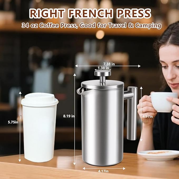 French Press 34 oz, Full Stainless Steel French Press Coffee Maker 4 Cups