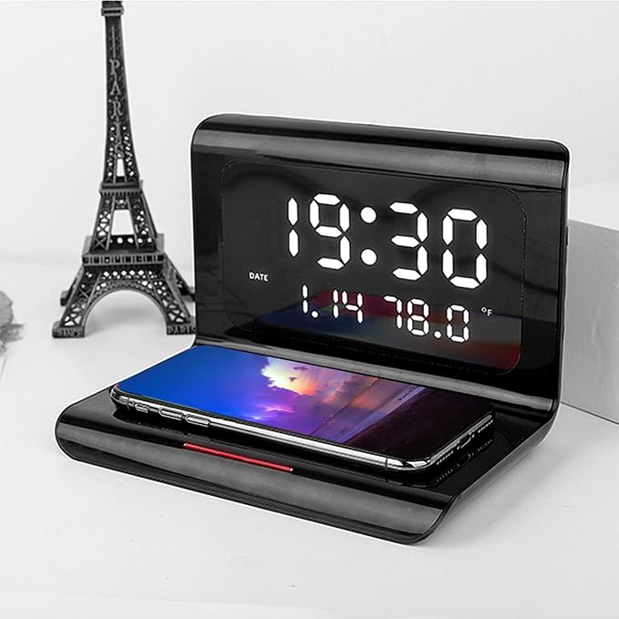 Wireless Charging Station MultiFunctional Charger Stand with Alarm Clock Calendar Phone Wireless Automatic Matching Charger for Bedrooms (Black)