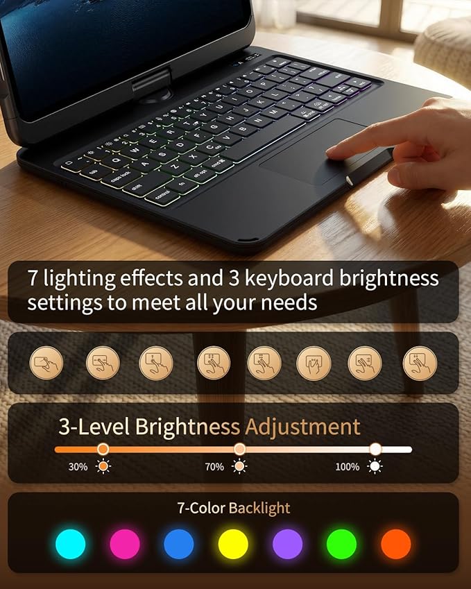 360°Rotation Bluetooth Keyboard Case for iPad 11th Gen（A16）10th 10.9 inch | iPad keyboard case 11/10th generationTouchpadKeyboard Battery Level Visualization360° rotateand 180° flip7-color backlit