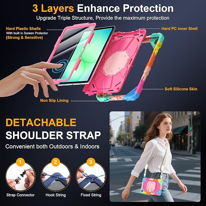 Case for Samsung Galaxy Tab A9 Plus 11 Inch 2023 Ubearkk Rugged Case for Samsung Galaxy A9+ Tablet SM-X210/X216/X218 with Screen Protector 360 Rotating Stand Shoulder Strap Pen Holder Black