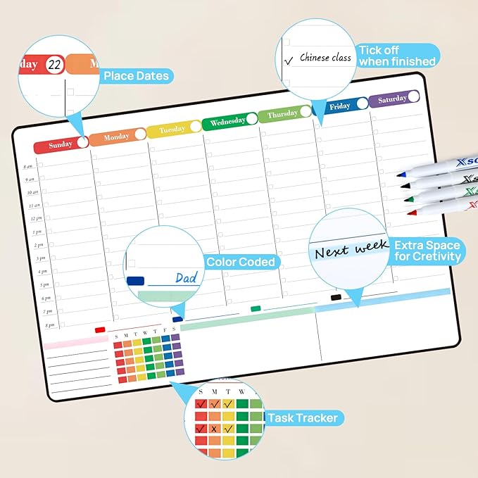 POPRUN Dry Erase Board Weekly Calendar Whiteboard for Wall & Fridge(Any Smooth Surface),Self-Adhesive Schedule Board with Hourly Time Slots,Perfect as Weekly Planner Board for School/Family, 16.5"x11"