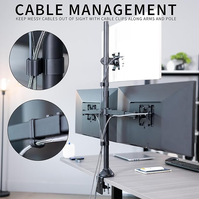 VIVO Premium Triple Ultra Wide LCD LED 27 to 38 inch Monitor Desk Mount, Heavy Duty C-clamp, Extra Tall Pole, Adjustable Telescoping Arms, Flush Wall Setup, Fits 3 Screens, Black, STAND-TS3CT