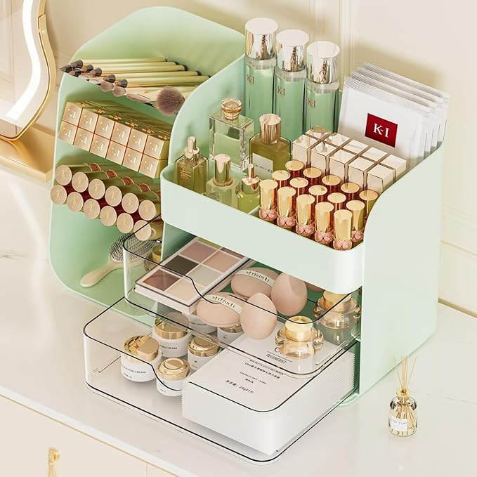 Makeup Organizer with Brush Holder for Vanity,Countertop Makeup Organizer with Drawers,Spacious Cosmetic Display Case,Perfect Storage Solution for Your Beauty Essential (Green, Large)