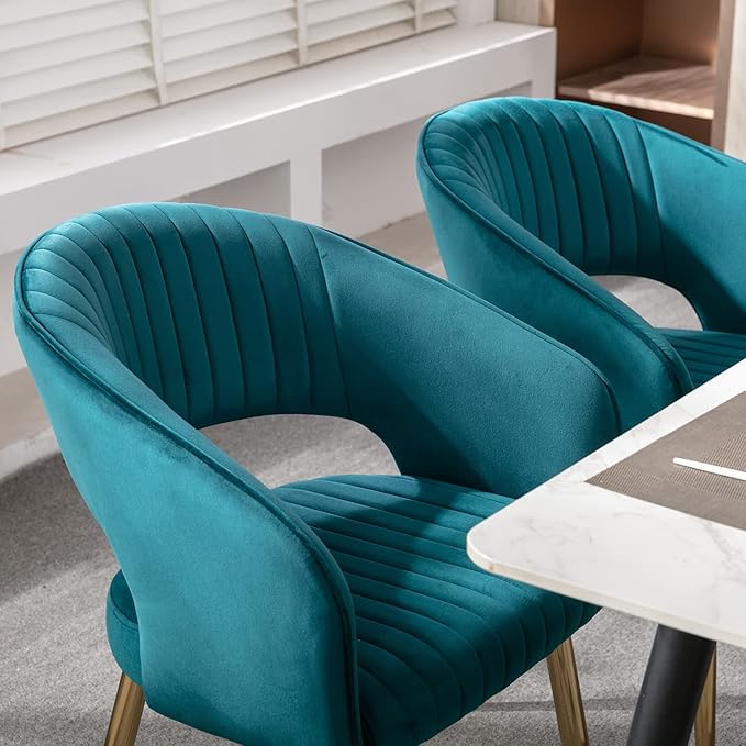 Modern Velvet Dining Chairs Set of 6, Upholstered Gold Dining Chairs with Hollow Back, Dining Room Chairs with Gold Legs, Accent Armrest Kitchen Chairs for Living Room Reception Teal Blue