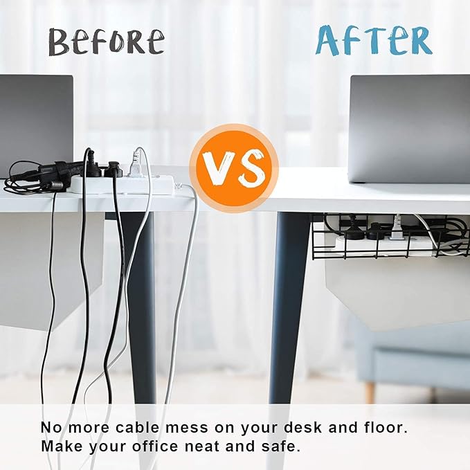 Under Desk Cable Management- 4 Pack Cord Organizer. Metal Wire Cable Management Tray for Office, Studio and Home. Super Sturdy Under Table Cable Managements - Black Cable Organizer