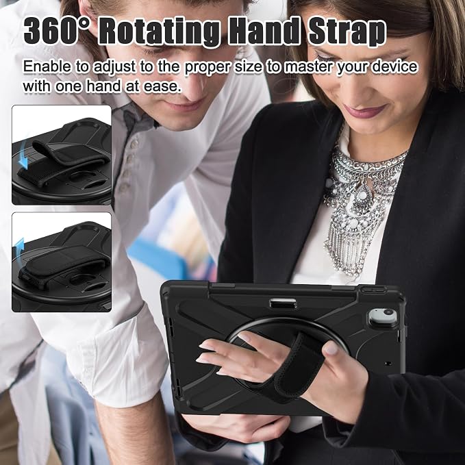 Batianda VortiGrip Case for iPad Air 11 M2/M3/M4 2024-2026 Colorful Blue | Heavy Duty Triple-Layer Rugged Case with 360° Rotating Hand Strap Foldable Hidden Stand Shoulder Strap and Pencil Holder
