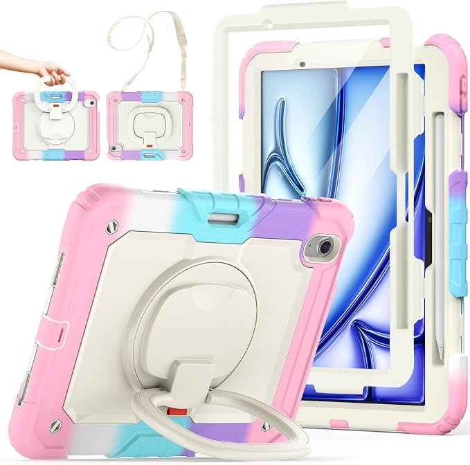 SCSVPN Kids Case for iPad Air 11 Inch M4 2026 / M3 2025 / M2 2024 Heavy Duty Shockproof Silicone Protective Case with Pencil Holder-Screen Protector-Rotating Stand-Handle-Shoulder Strap (Blue+Red)