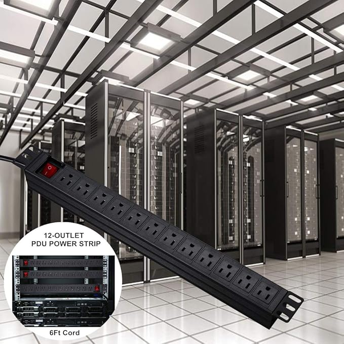 BTU Power Surge Protector Rack-Mount PDU, 12 Outlet Power Strip with Switch, Metal Mountable Heavy Duty for Server Racks, Garage Shop, Industrial Commercial (Black 6FT)