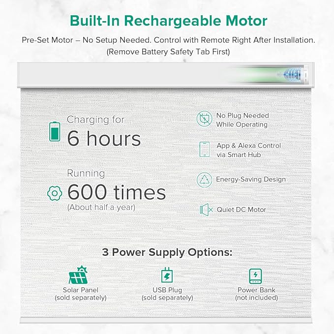Kilonity Motorized Roller Shades, Light Filtering Remote Control Custom Window Shades Compatible with Alexa Google Assistant via RF Hub, Rechargeable Electric Blinds for Windows (Texture White)