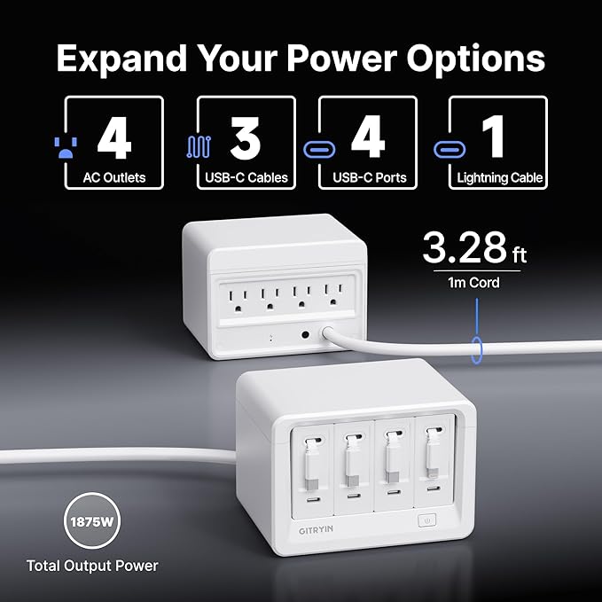 12-in-1 Desktop Charging Station with 3 Retractable Type-C Chargers and 1 Lightning Charger, 40W USB-C Power Strip with 31.5in Cable, Extension Cord with 1020J Surge Protection for Home Office
