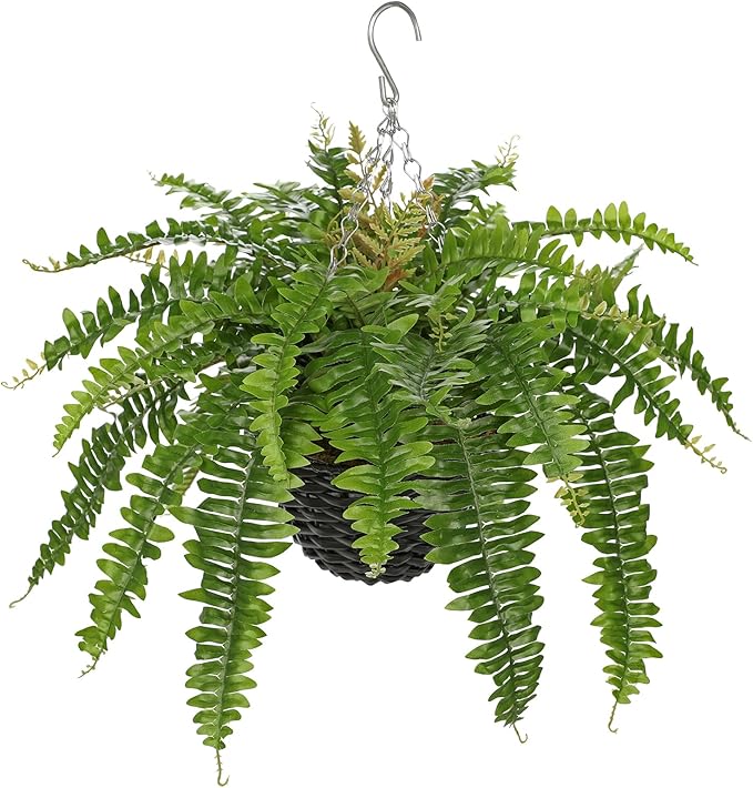 Hollyone 21" Artificial Boston Fern Hanging Basket 31 Leaves Fake Ferns in Rattan Pot Medium Greenery Plants for Outdoors & Indoor Faux Fern Bush Basket Plant Patio Garden Home Decor Green