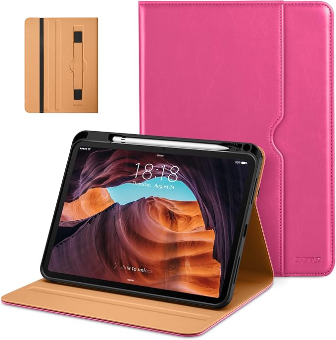 DTTO for iPad (A16) 11th Generation 11-inch &amp 10th Gen Case Brown | Premium Leather Business Cover with Pencil Holder Hand Strap &amp Pocket Corner Protection Auto Sleep/Wake for Work &amp