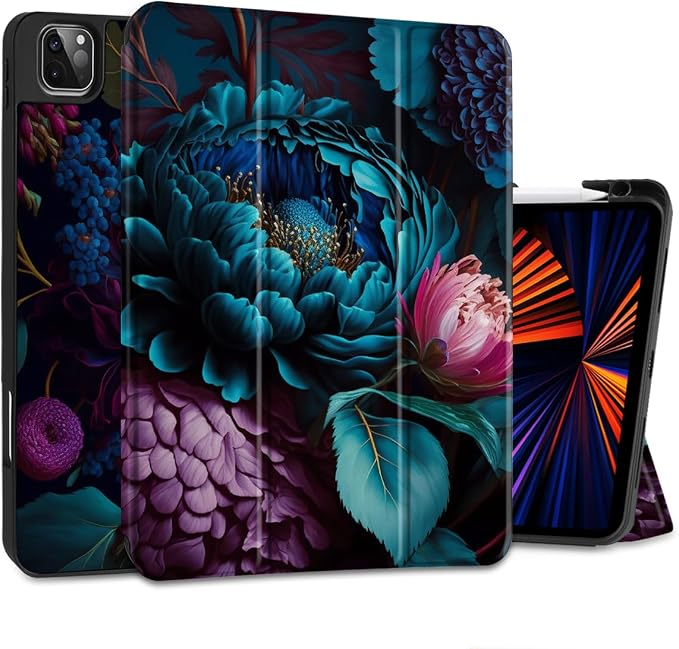 MEEgoodo for iPad Pro M2 12.9 Case 6th/5th/4th/3rd Generation 2022 2021 2020 2018 with Pencil Holder Tablet Cover with Soft TPU Back Shell Art Painted Flowers