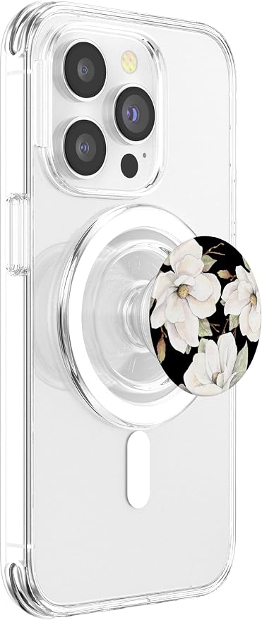 White Magnolias Floral Pattern on a Black Background PopSockets Adhesive PopGrip