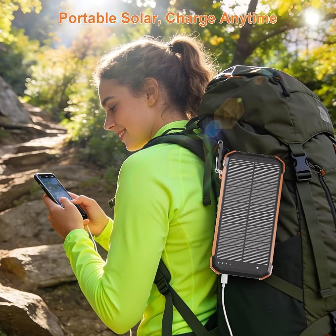 Solar Charger Power Bank 20000mAh Wireless Fast Charging Battery Pack with 3 Built-in Cables &amp USB-C Input Dual LED Flashlights Portable Phone Charger for Camping Travel &amp Emergency Use (B
