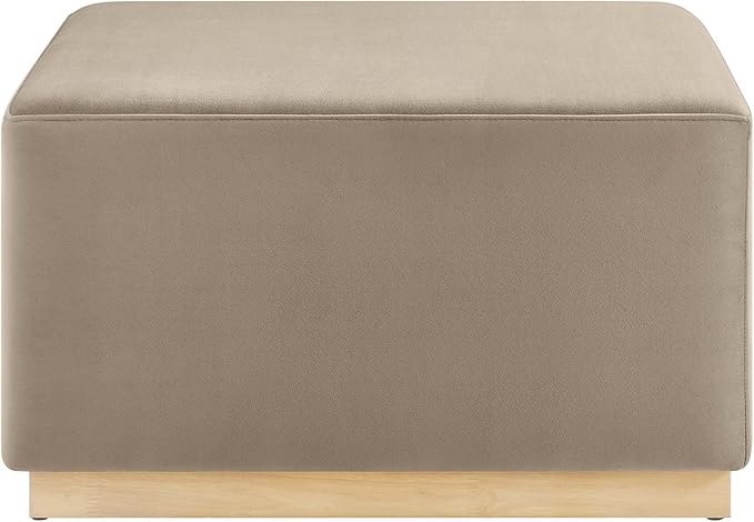 Modway Tilden 28 Inch Square Performance Velvet Upholstered Ottoman in Taupe Natural - Large Ottoman Foot Rest with Rubberwood Plinth Base, Living Room Ottoman Coffee Table - Velvet Ottoman Table