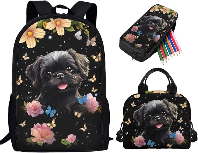 Pekingese Kids School Bookbag 3 in 1 Set for Boys Girls, Kids Backpack with Lunch Box Pencil Case, Lightweight Girls Backpack for Elementary Middle School, Black