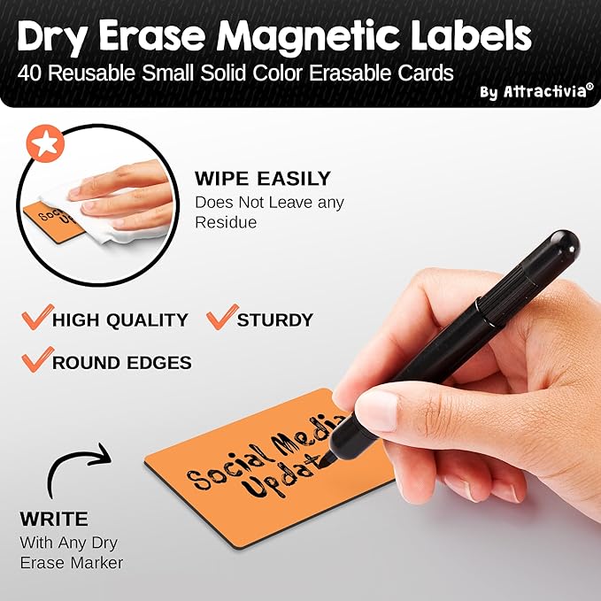 Dry Erase Magnetic Labels, 2.8 x 1.8 in, Solid Colors, 40-Pack, Colored Erasable Write-On Labels, for Home, School, Office, Whiteboard