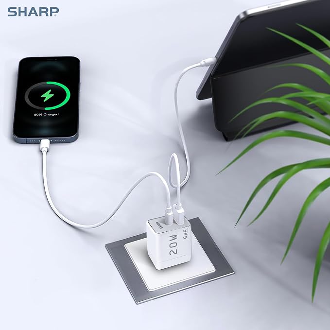 Sharp USB C Charger - 20W Dual Port (USB A+C) Compact Foldable GaN Fast Charge for iPhone 15/15 Pro/15 Pro Max/14/13/12 Pad Pro/AirPods and More Black GW-20PDA201U-BLK