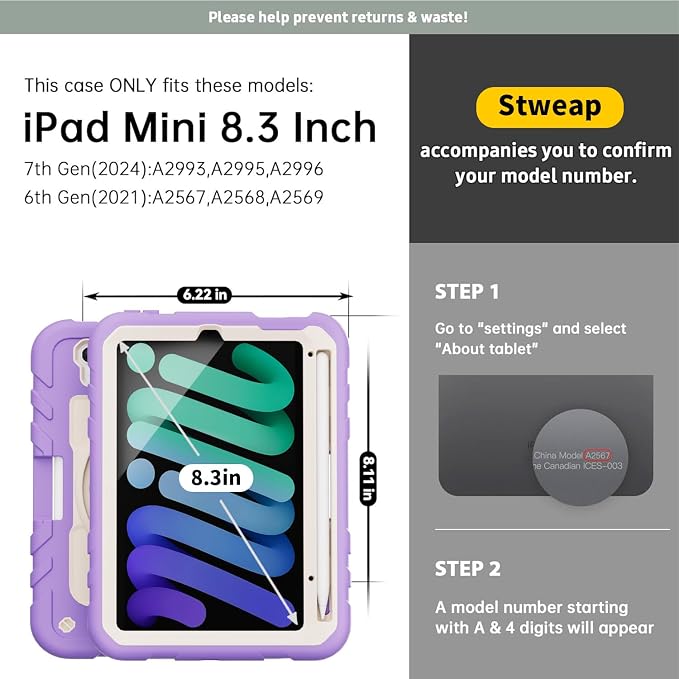 for iPad mini 7 A17 Pro/iPad mini 6 8.3 Inch Case iPad mini 7th/6th Generation Case (2024/2021) with Pencil Holder/Kickstand Hand Strap/Shoulder Strap Black