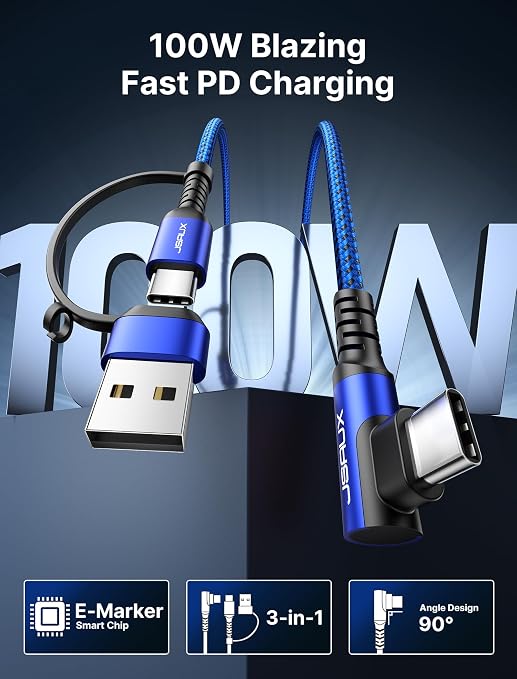 JSAUX 3-in-1 USB-C Cable 2-Pack 10FT 100W Right-Angle Fast Charging Blue | Right-Angle Braided Cables with USB-A Adapter 2 x 10 ft for iPhone 17/16/15 Galaxy S26/S25/S24 iPad MacBook Steam Dec