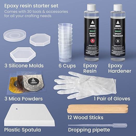 Arteza Epoxy Resin Kit, 30-Piece Set, Engaging Craft Supplies & Materials, Resin Accessories Includes 2 x 8-oz Bottles and Hardener, 3 Silicone Molds, Mica Powder, Pipette, and More