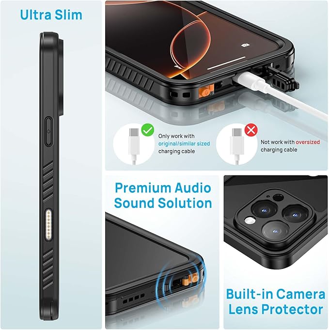 Lanhiem for iPhone 16 Pro Max Case, IP68 Waterproof Dustproof Shockproof Cases with Built-in Screen Protector, Full Body Heavy Duty Rugged Phone Cover for iPhone 16 Pro Max - 6.9 inch (Black/Clear)