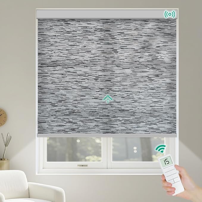 Kilonity Motorized Roller Shades, Light Filtering Remote Control Custom Window Shades Compatible with Alexa Google Assistant via RF Hub, Rechargeable Electric Blinds for Windows (Texture Black Grey)