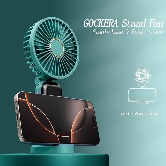 GOCKERA Portable Fan, 4200mAh Battery Operated Fan, 5 Speeds&Digital Display, Makeup Fans for Women with Base, 180°Foldable 3in1 Handheld/Neck/Desk Fan for Outdoor Indoor,Ultra Quiet (Green)