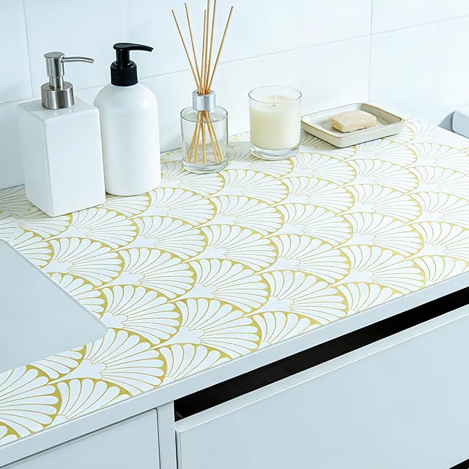 Shelf Liners Non Adhesive Gold Background White Fan-Shaped Pattern - Thickened Non-Slip Easy to Clean Drawer Liner for Kitchen Cabinets, Tool Box,Refrigerator,with Knife & Tape Measure,17in x 30FT.