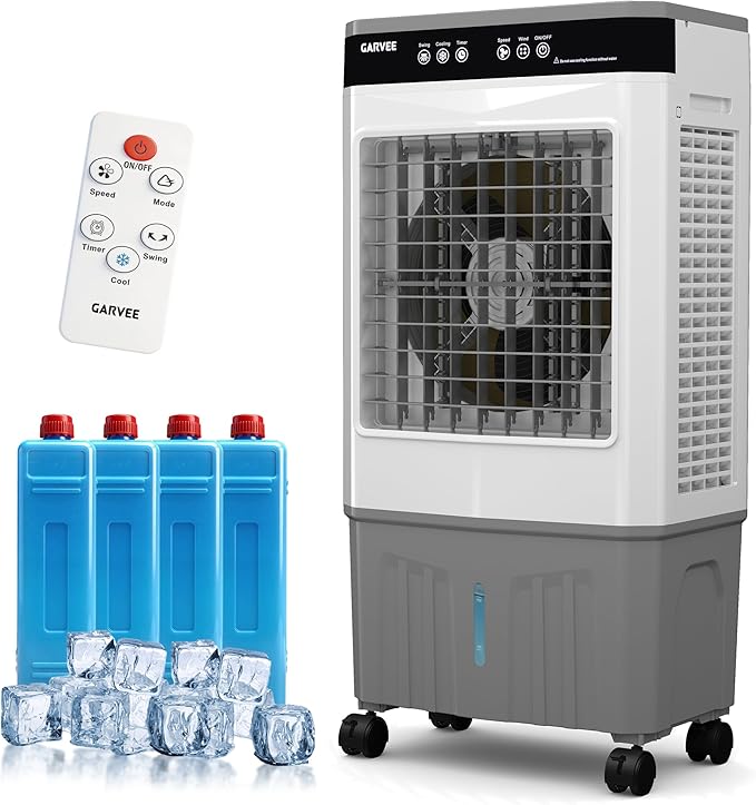 3000 CFM Portable Cooler Fan with Remote & Timer, 5.3 Gal Water Tank, 3 Speeds, 120° Oscillation, Auto-Swing Louvers & 3-Side Cooling Pads, Blows Cold Air for Home Office Workshop Garage