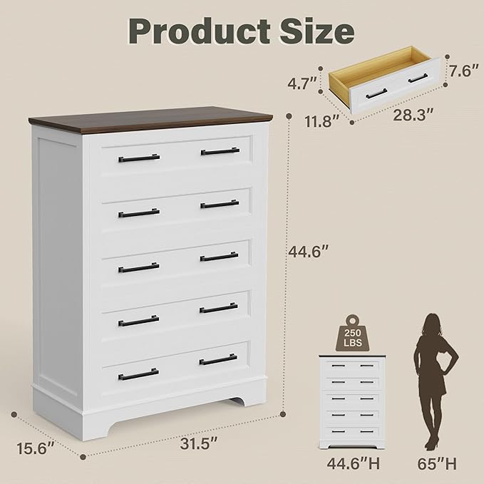 YESHOMY Tall Dresser for Bedroom,Farmhouse 5 Drawers Dresser, Chest of Drawer Chest, Multi-Tier Clothing Storage Cabinet, White and Brown