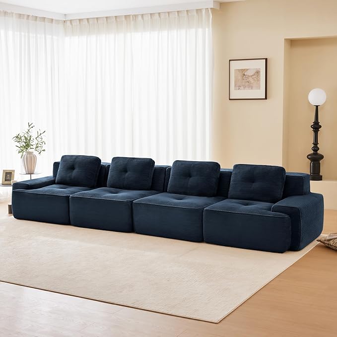 150" Modern Compressed Boneless Couch, 4 Seater Sectional Couches for Living Room, Blue Corduroy Cloud Modular Sectional Sofa, Comfy Memory Foam, Extra Deep, Sofas para Sala, No Assembly