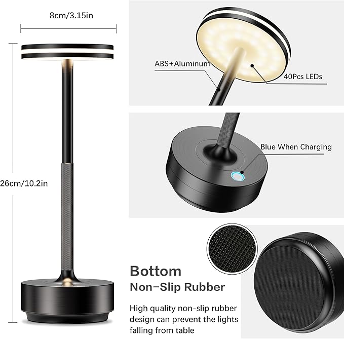 Hapfish Rechargeable Cordless Table Lamps, 5000mAh Battery Operated Lamp, 3 Color Modes, Dimmable, LED Table Lamps for Living Room,Outdoor, Dinner,Patio,Restaurant – Black