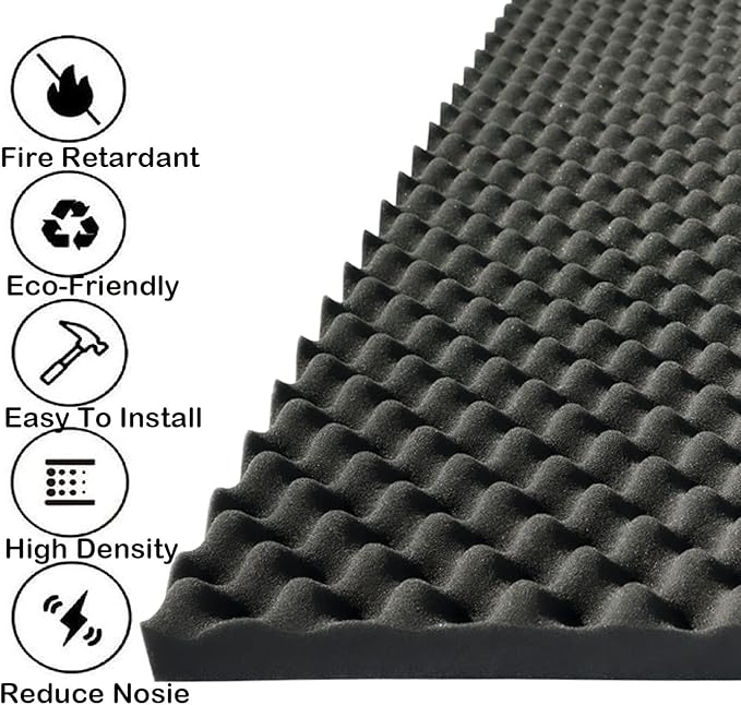 KTOESHEO 2 PCS Acoustic Panels,48''X24''X2'' Egg Crate Foam Soundproof Foam Wall Panels,High Density Fireproof Noise Cancelling Foam Studio Foam Panel,Noise (Black)