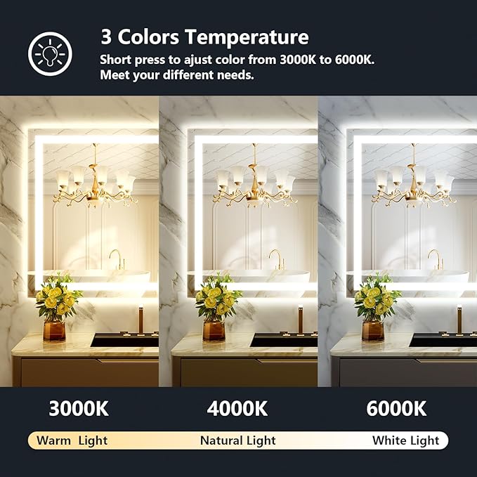 YEELAIT 40x30 Inch LED Bathroom Mirror with Lights Front and Backlit Lighted Vanity Mirror for Bathroom Wall with 3 Colors Dimmable Anti-Fog Memory Shatter-Proof IP54 Waterproof Horizontal/Vertical