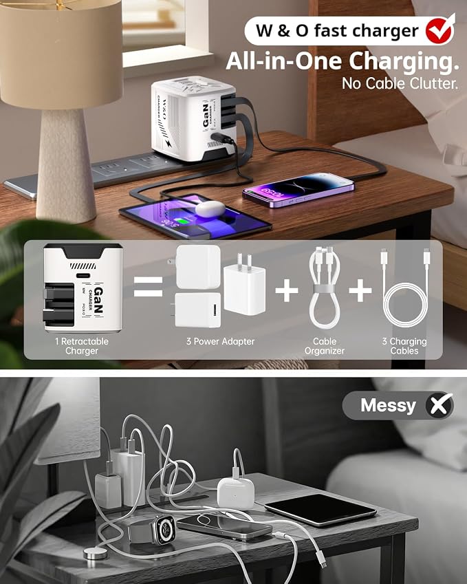 W &amp O 60W GaN Fast Charger Wall Plug Built-in Retractable USB-C &amp L Cables | Retractable Wall Charger with 47.2 Cables One Pull Charging No Cable Mess Solution for iPhone 17/16/15 Galaxy
