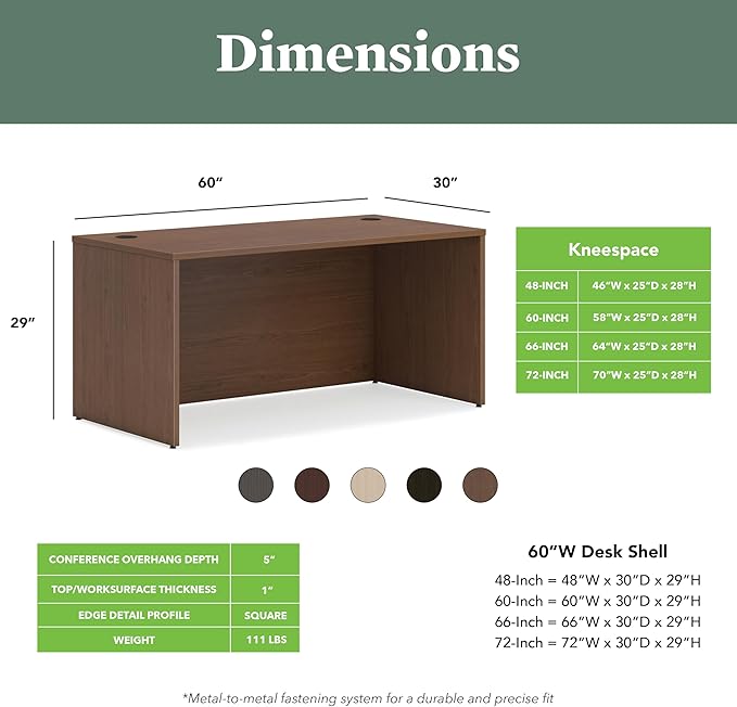 HON MOD Executive Desk 60-Inch Large Computer Desk Shell, Thick Wooden Laminate, Modern Table with Cord Management, 60" W x 30" D x 29" H, Walnut