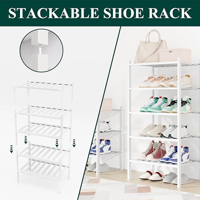 Smiry Shoe Rack, 5 Tier Small Bamboo Shoe Organizer, Stackable Free Standing Wooden Shoe Storage Shelf for Closet, Entryway, Front Door Entrance, White