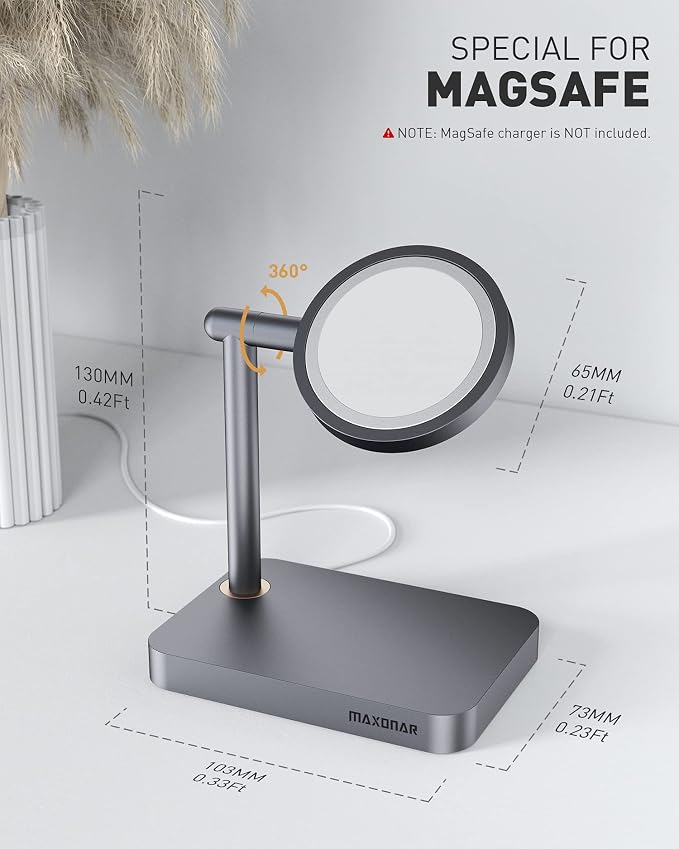 Maxonar Mag Safe Charger Stand Heavy-Duty Premium Metal Desktop Holder Mag Safe Dock Base Compatible with iOS17 Standby Mode Mag Safe Wireless Charger for iPhone 15 14 Series Device (Space Grey)